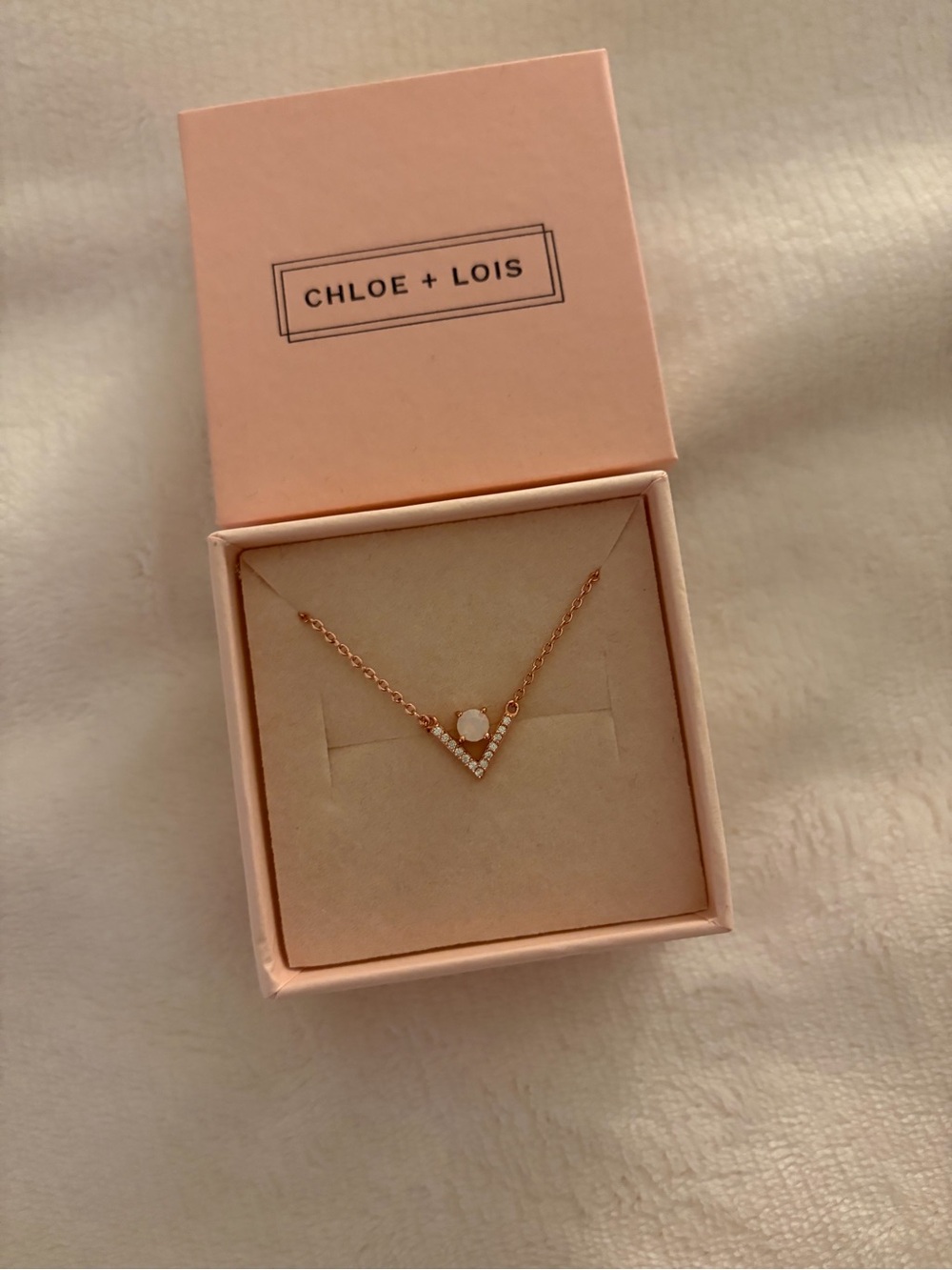 Rose Gold V-Pendant Necklace with White Stone